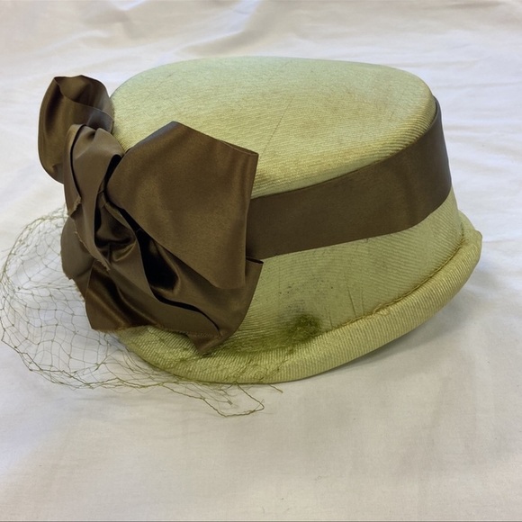 Vintage Hat Shimmer Sage Green/Olive Green Satin Bow Veiled - Picture 8 of 11